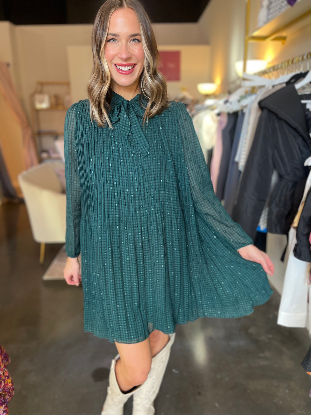 Pleated Shimmery Mini Dress | Emerald