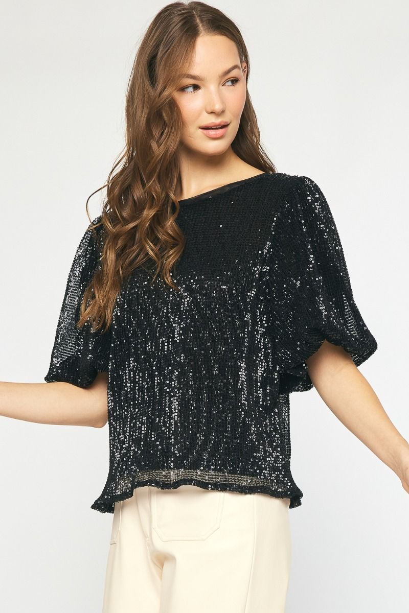 Sequin Puff Sleeve Blouse | Black